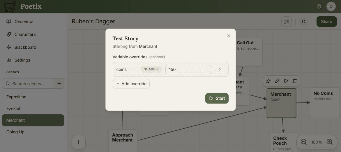 Test Story dialog showing the starting beat and a variable override for coins set to 150