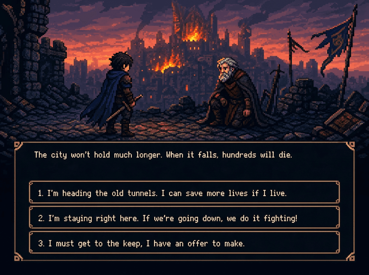 Interactive story player showing the Final Choice scene