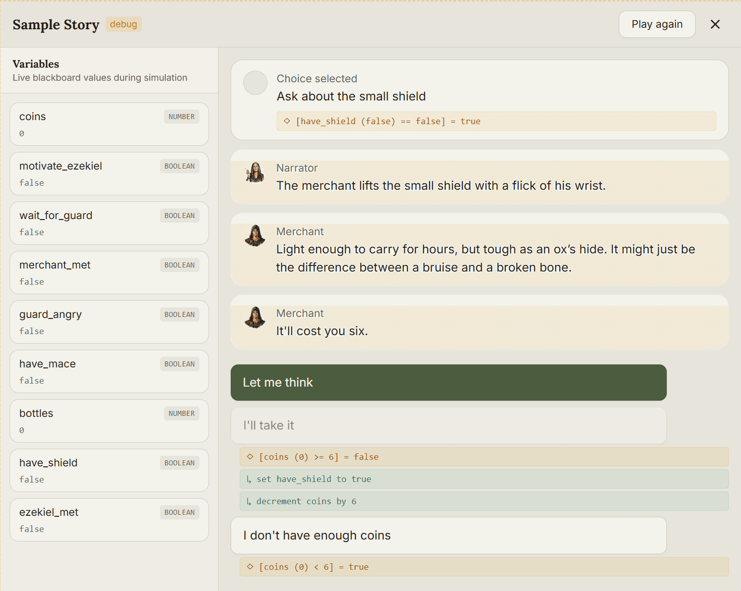 In-editor debug player showing live story variables and choice conditions during a test run
